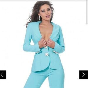 Jovani Turquoise Pantsuit with Embellished Buttons style 02637